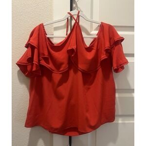 Gibson Latimer Halter Top Ruffle Neck Size L Short Sleeve Blouse‎ Top Red